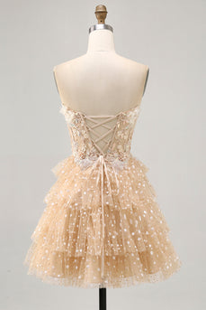 Sparkly Champagne Floral Corset Short Polka Dots Prom Dress