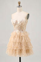 Load image into Gallery viewer, Sparkly Champagne Floral Corset Short Polka Dots Prom Dress