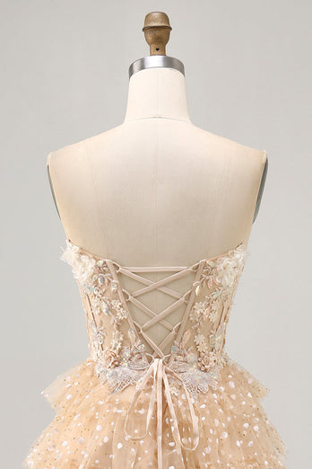 Sparkly Champagne Floral Corset Short Polka Dots Prom Dress