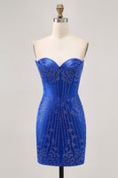 Load image into Gallery viewer, Sparkly Royal Blue Short Satin Tight Prom Dress with Beading