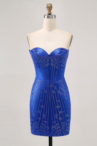 Sparkly Royal Blue Short Satin Tight Prom Dress with Beading