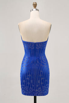 Sparkly Royal Blue Short Satin Tight Prom Dress with Beading
