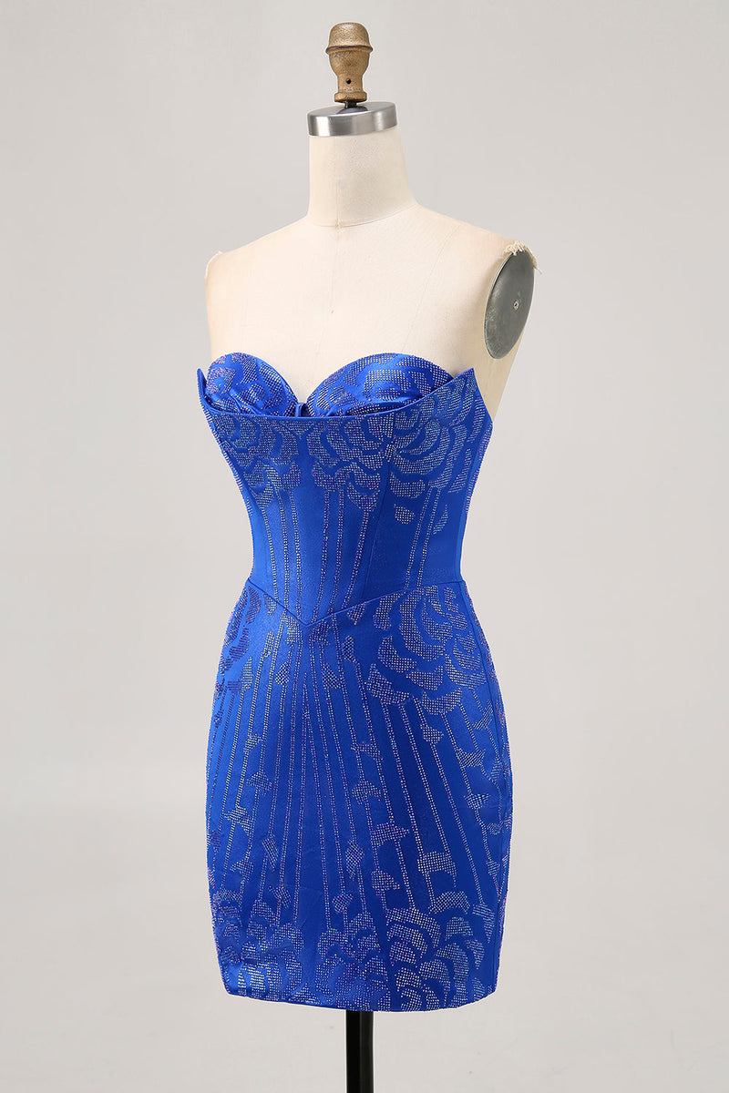 Load image into Gallery viewer, Sparkly Royal Blue Short Satin Tight Prom Dress with Beading