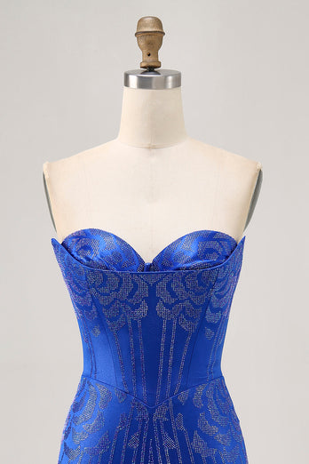 Sparkly Royal Blue Short Satin Tight Prom Dress with Beading