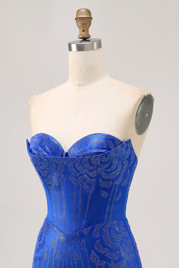 Sparkly Royal Blue Short Satin Tight Prom Dress with Beading
