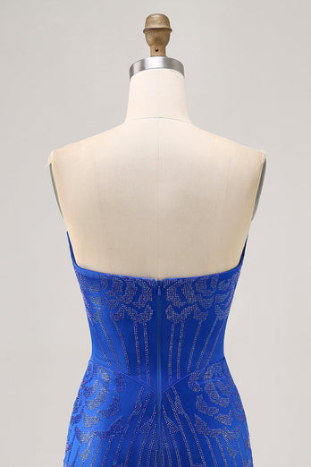 Sparkly Royal Blue Short Satin Tight Prom Dress with Beading