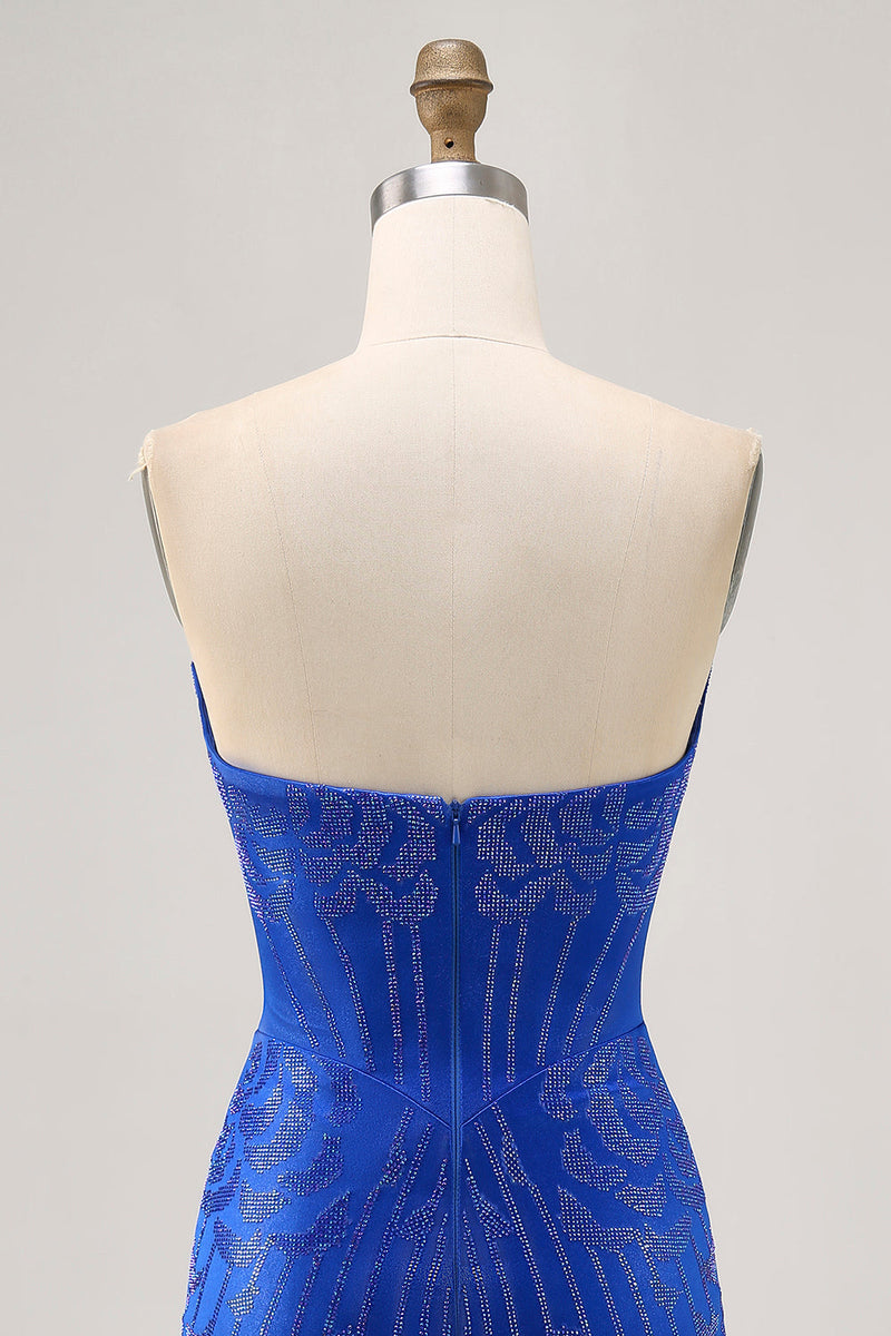 Load image into Gallery viewer, Sparkly Royal Blue Short Satin Tight Prom Dress with Beading