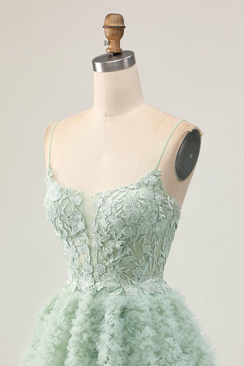 Sage Green Short Ruffled Corset Prom Dress with Lace