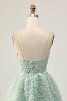 Load image into Gallery viewer, Sage Green Short Ruffled Corset Prom Dress with Lace