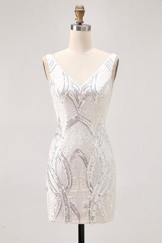 Sparkly White V-Neck Tight Short Prom Dress with Lace