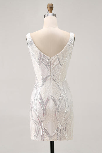 Sparkly White V-Neck Tight Short Prom Dress with Lace