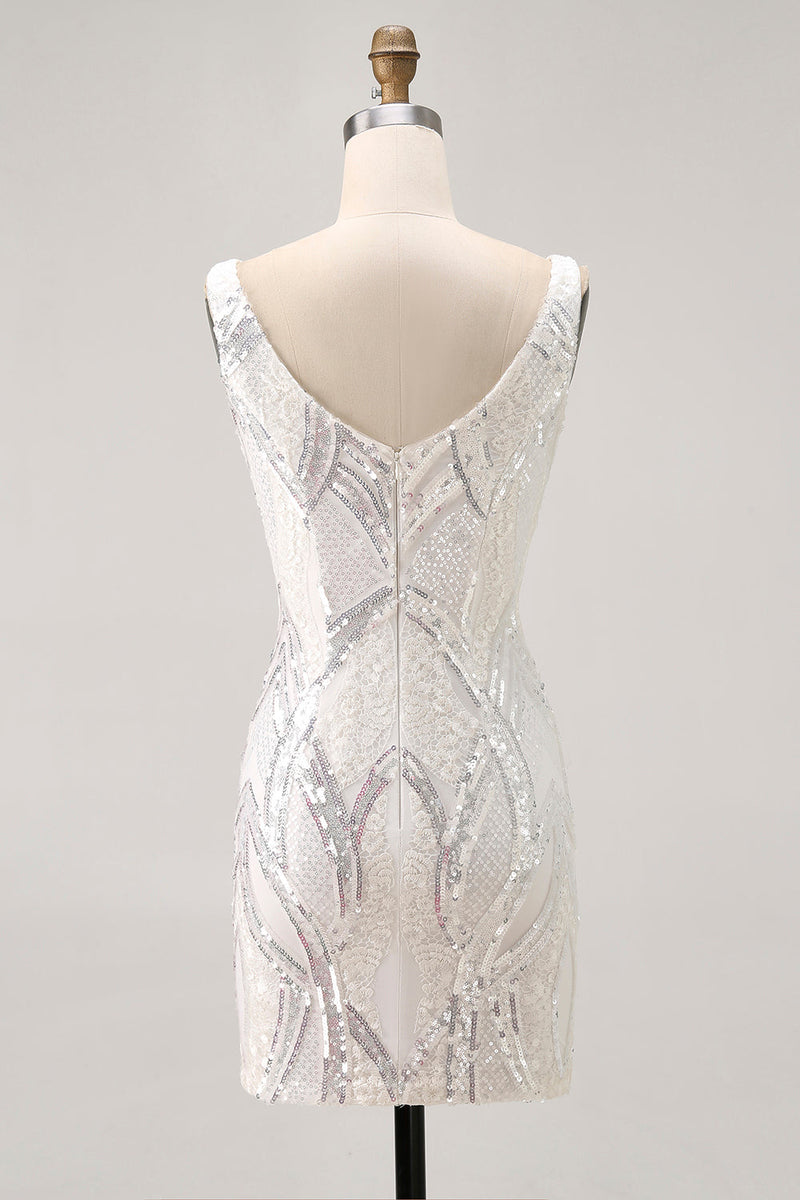 Load image into Gallery viewer, Sparkly White V-Neck Tight Short Prom Dress with Lace