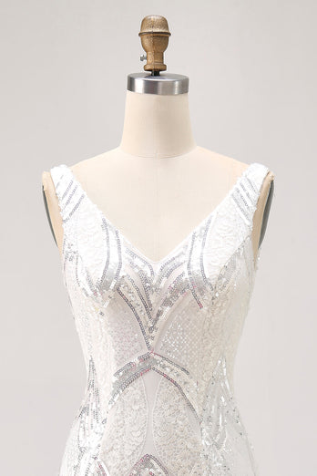 Sparkly White V-Neck Tight Short Prom Dress with Lace