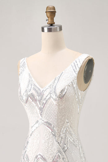 Sparkly White V-Neck Tight Short Prom Dress with Lace