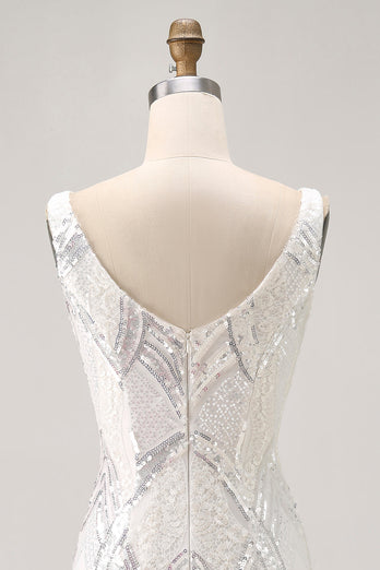 Sparkly White V-Neck Tight Short Prom Dress with Lace