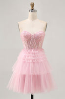 Load image into Gallery viewer, Sparkly Pink Tulle Short Corset Prom Dress with Lace