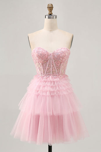 Sparkly Pink Tulle Short Corset Prom Dress with Lace