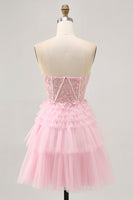 Load image into Gallery viewer, Sparkly Pink Tulle Short Corset Prom Dress with Lace