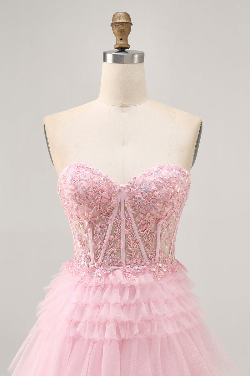 Load image into Gallery viewer, Sparkly Pink Tulle Short Corset Prom Dress with Lace