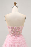Load image into Gallery viewer, Sparkly Pink Tulle Short Corset Prom Dress with Lace