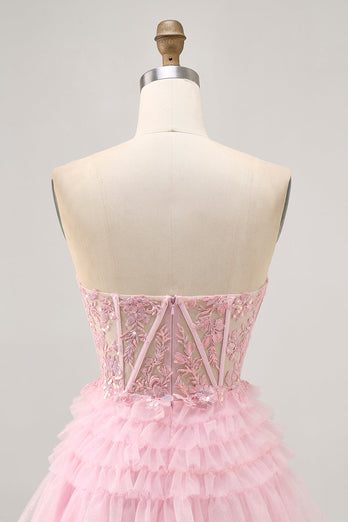 Sparkly Pink Tulle Short Corset Prom Dress with Lace