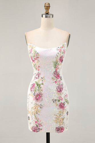 Sparkly White Strapless Floral Short Tight Prom Dress with Sequins