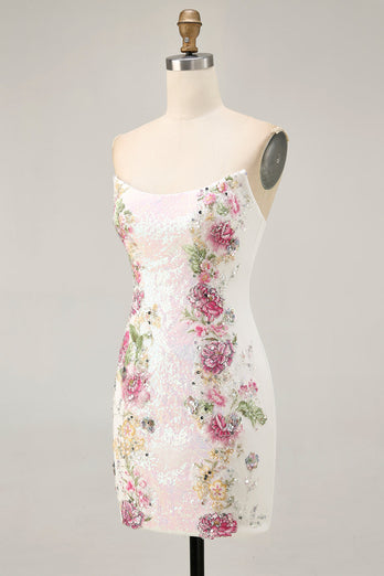 Sparkly White Strapless Floral Short Tight Prom Dress with Sequins