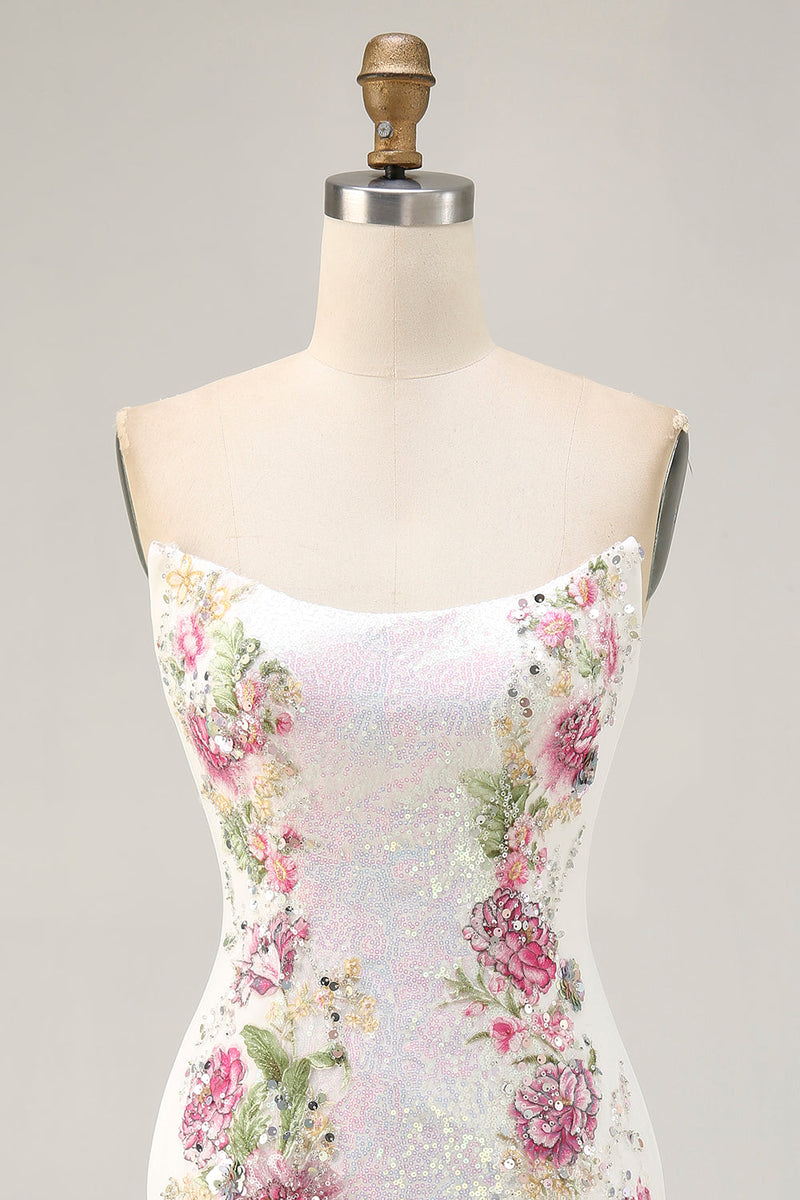 Load image into Gallery viewer, Sparkly White Strapless Floral Short Tight Prom Dress with Sequins