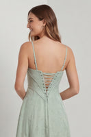 Load image into Gallery viewer, Sage Green Floral Corset A Line Spaghetti Straps Formal Dress