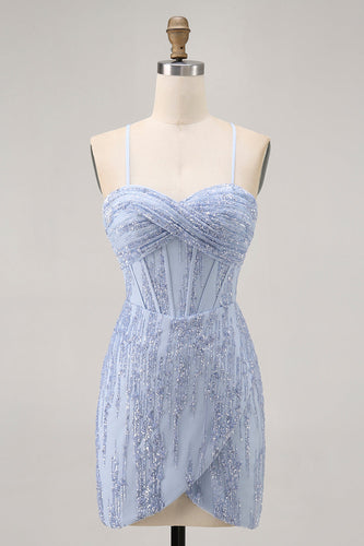 Sparkly Grey Blue Tight Corset Short Prom Dress with Sequins