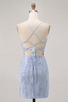 Sparkly Grey Blue Tight Corset Short Prom Dress with Sequins