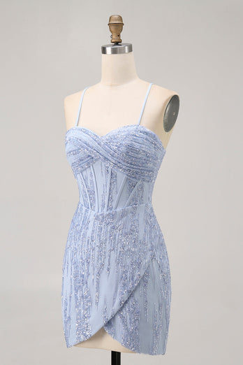 Sparkly Grey Blue Tight Corset Short Prom Dress with Sequins