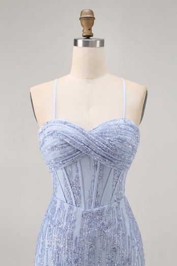 Sparkly Grey Blue Tight Corset Short Prom Dress with Sequins