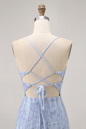 Sparkly Grey Blue Tight Corset Short Prom Dress with Sequins