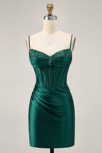 Sparkly Dark Green Corset Short Tight Satin Prom Dress with Beading