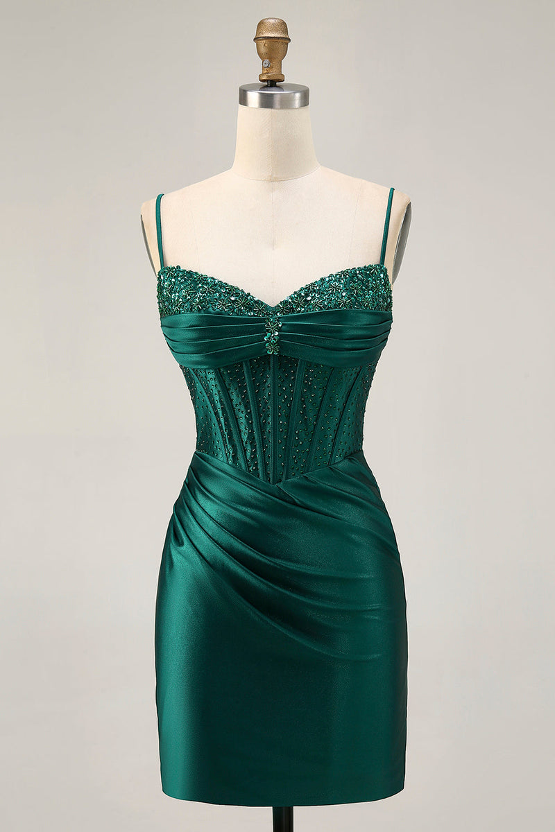 Load image into Gallery viewer, Sparkly Dark Green Corset Short Tight Satin Prom Dress with Beading