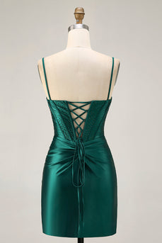 Sparkly Dark Green Corset Short Tight Satin Prom Dress with Beading