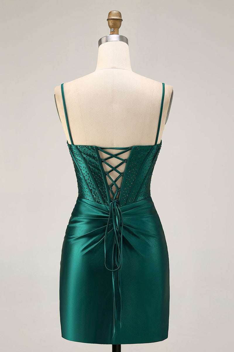 Load image into Gallery viewer, Sparkly Dark Green Corset Short Tight Satin Prom Dress with Beading