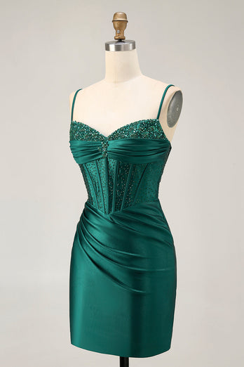 Sparkly Dark Green Corset Short Tight Satin Prom Dress with Beading