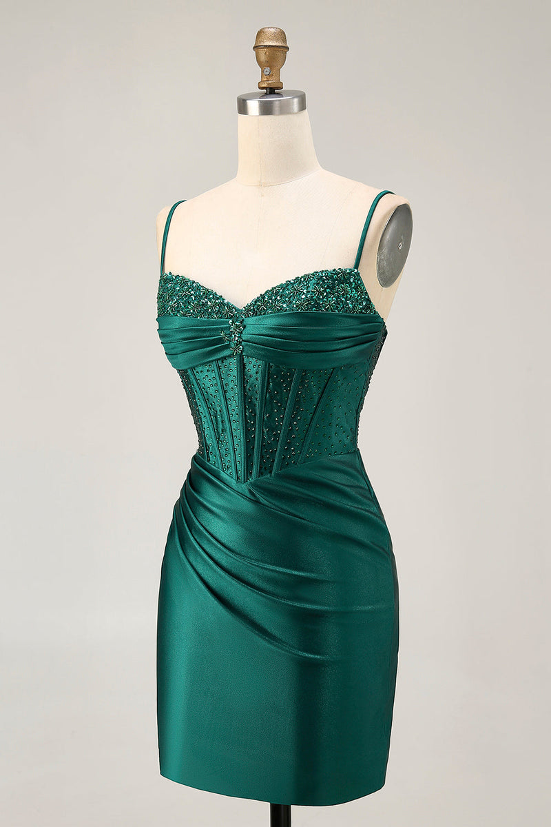 Load image into Gallery viewer, Sparkly Dark Green Corset Short Tight Satin Prom Dress with Beading