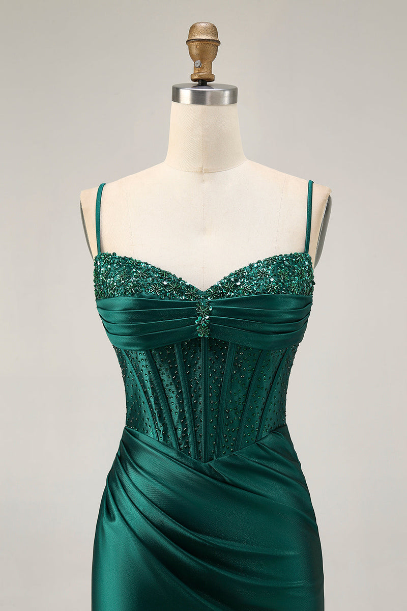 Load image into Gallery viewer, Sparkly Dark Green Corset Short Tight Satin Prom Dress with Beading