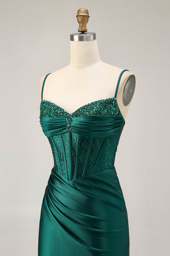 Sparkly Dark Green Corset Short Tight Satin Prom Dress with Beading