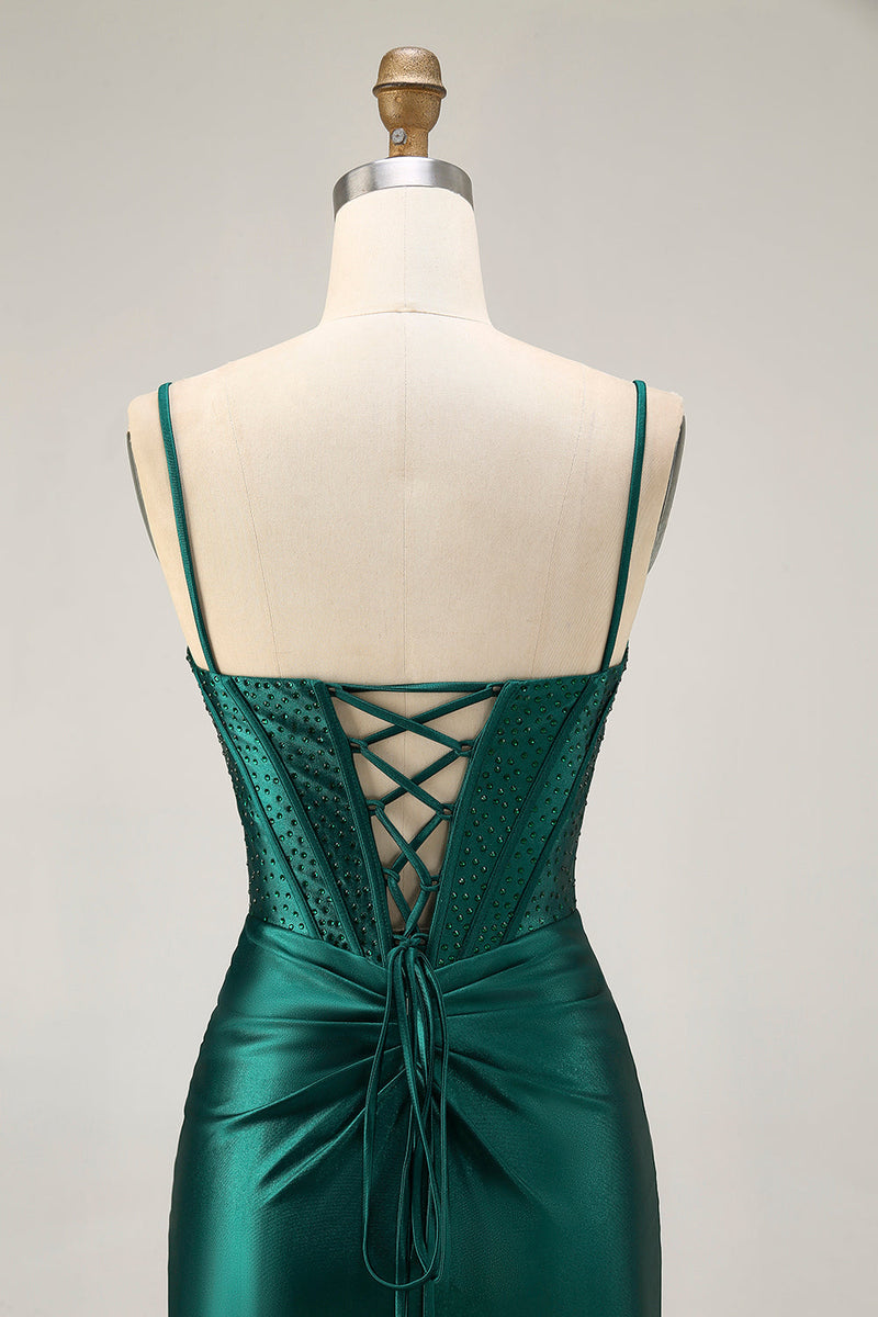 Load image into Gallery viewer, Sparkly Dark Green Corset Short Tight Satin Prom Dress with Beading