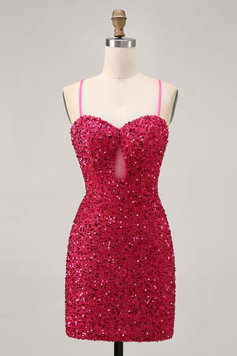 Sparkly Fuchsia Tight Sequin Spaghetti Straps Short Prom Dress
