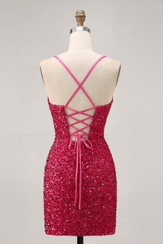 Sparkly Fuchsia Tight Sequin Spaghetti Straps Short Prom Dress