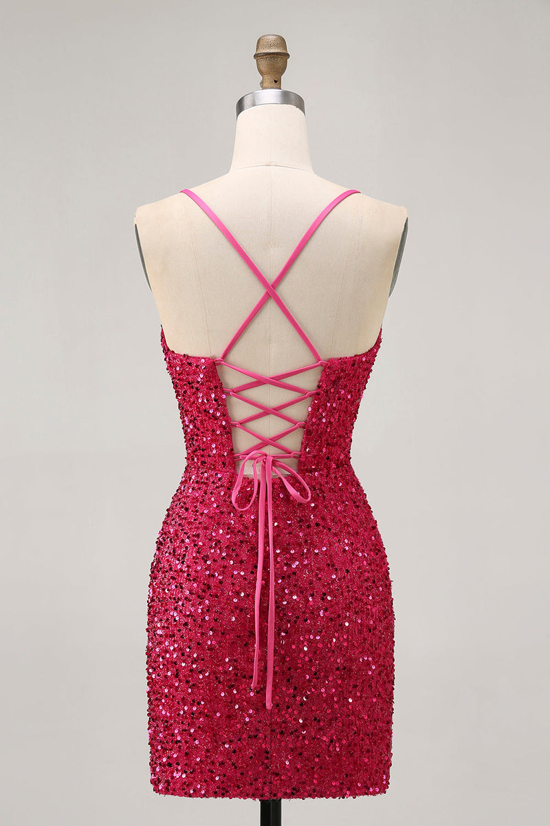 Load image into Gallery viewer, Sparkly Fuchsia Tight Sequin Spaghetti Straps Short Prom Dress