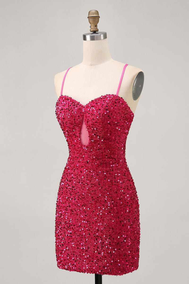 Load image into Gallery viewer, Sparkly Fuchsia Tight Sequin Spaghetti Straps Short Prom Dress