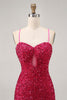 Load image into Gallery viewer, Sparkly Fuchsia Tight Sequin Spaghetti Straps Short Prom Dress