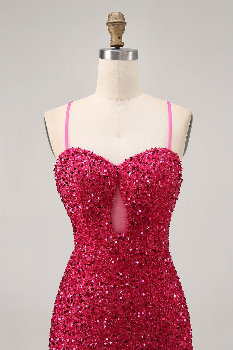 Load image into Gallery viewer, Sparkly Fuchsia Tight Sequin Spaghetti Straps Short Prom Dress