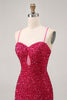 Load image into Gallery viewer, Sparkly Fuchsia Tight Sequin Spaghetti Straps Short Prom Dress